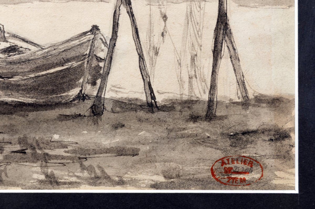 Félix Ziem – Boats And Net On The Shore – Ink Wash – Studio Stamp-photo-3