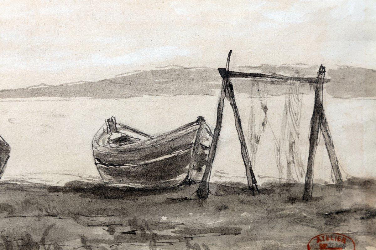 Félix Ziem – Boats And Net On The Shore – Ink Wash – Studio Stamp-photo-1