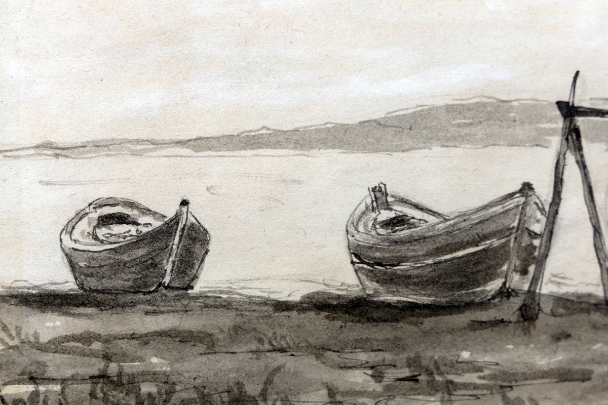 Félix Ziem – Boats And Net On The Shore – Ink Wash – Studio Stamp-photo-2