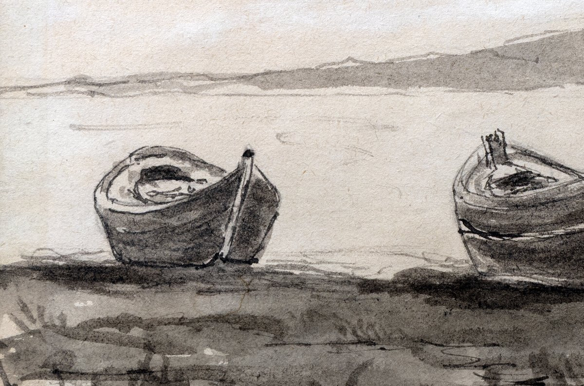 Félix Ziem – Boats And Net On The Shore – Ink Wash – Studio Stamp-photo-3