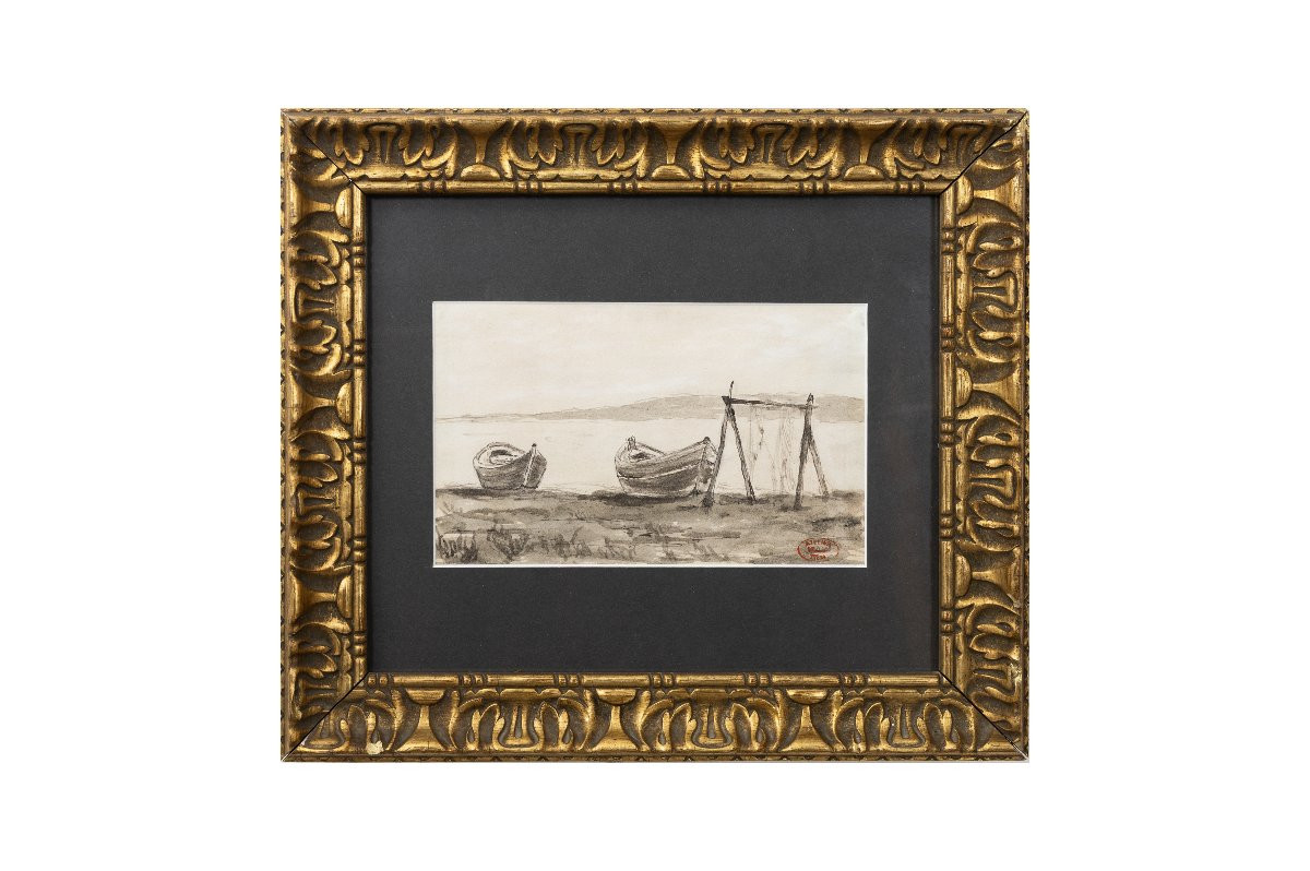 Félix Ziem – Boats And Net On The Shore – Ink Wash – Studio Stamp-photo-4
