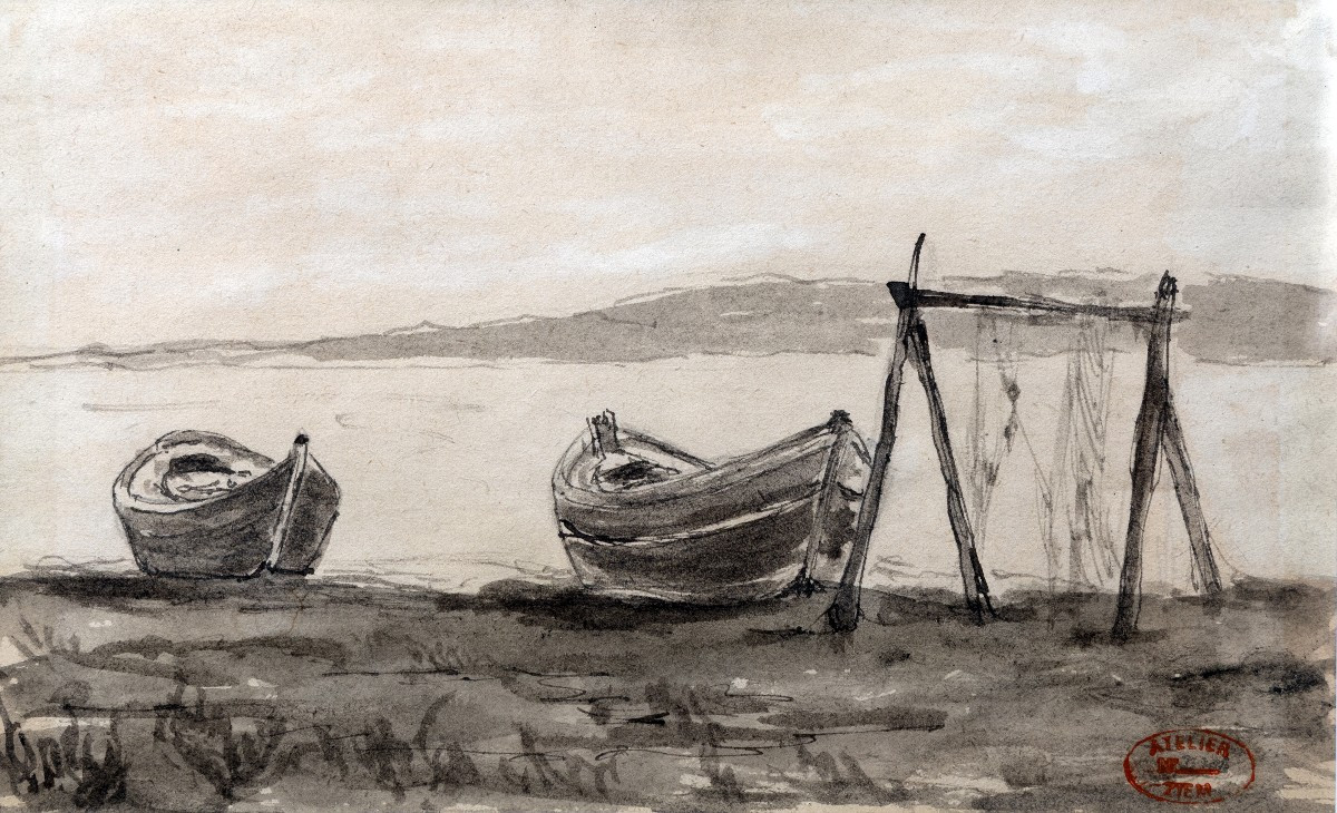 Félix Ziem – Boats And Net On The Shore – Ink Wash – Studio Stamp