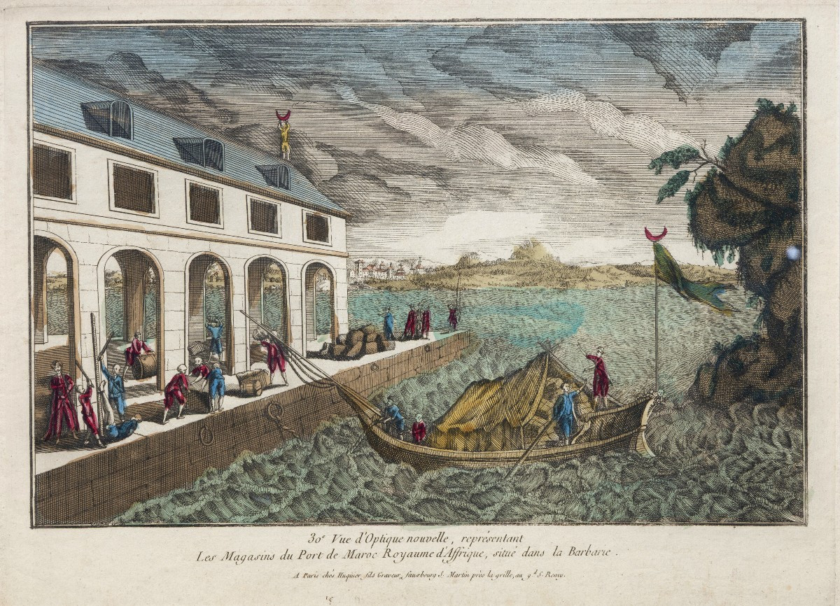 Vue d’optique – Les magasins du port de Maroc -  XVIIIe s. - Graveur : Huquier