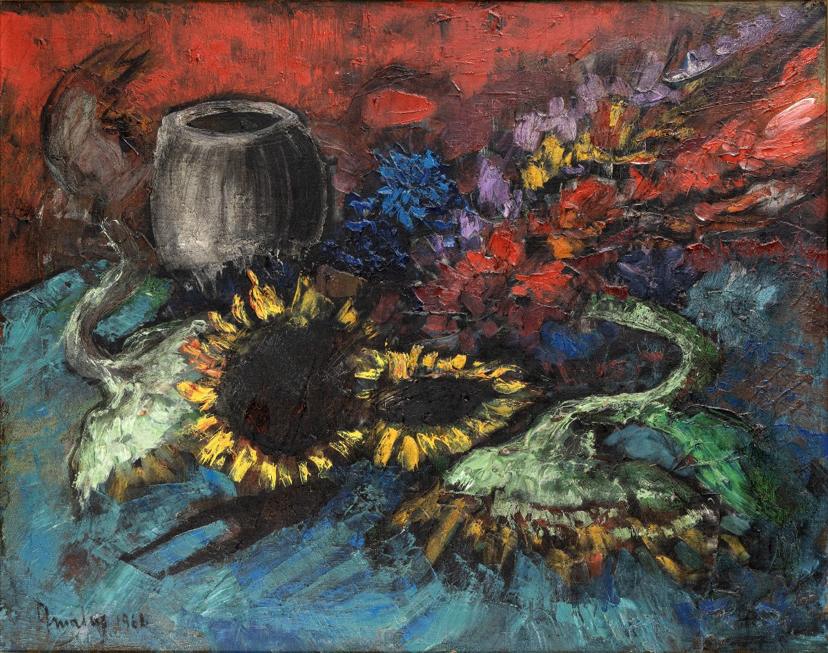 Louis Amalvy – Fleurs et Tournesols – Huile sur toile – Signée et datée 1964