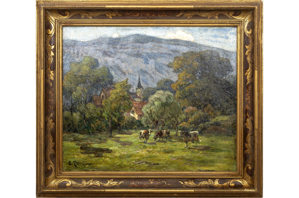 Clovis Terraire – Vaches au pré dans un paysage de montagne – Huile sur toile – Signée -photo-2