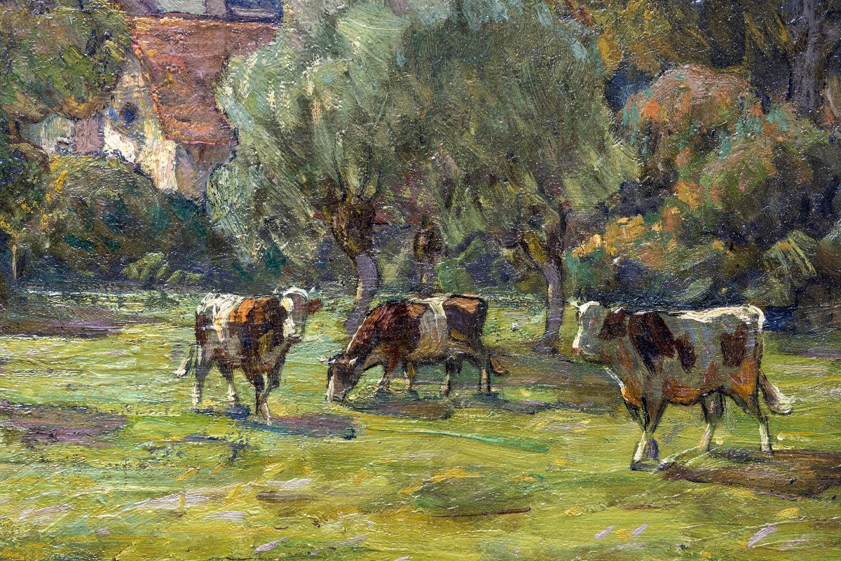 Clovis Terraire – Vaches au pré dans un paysage de montagne – Huile sur toile – Signée -photo-1
