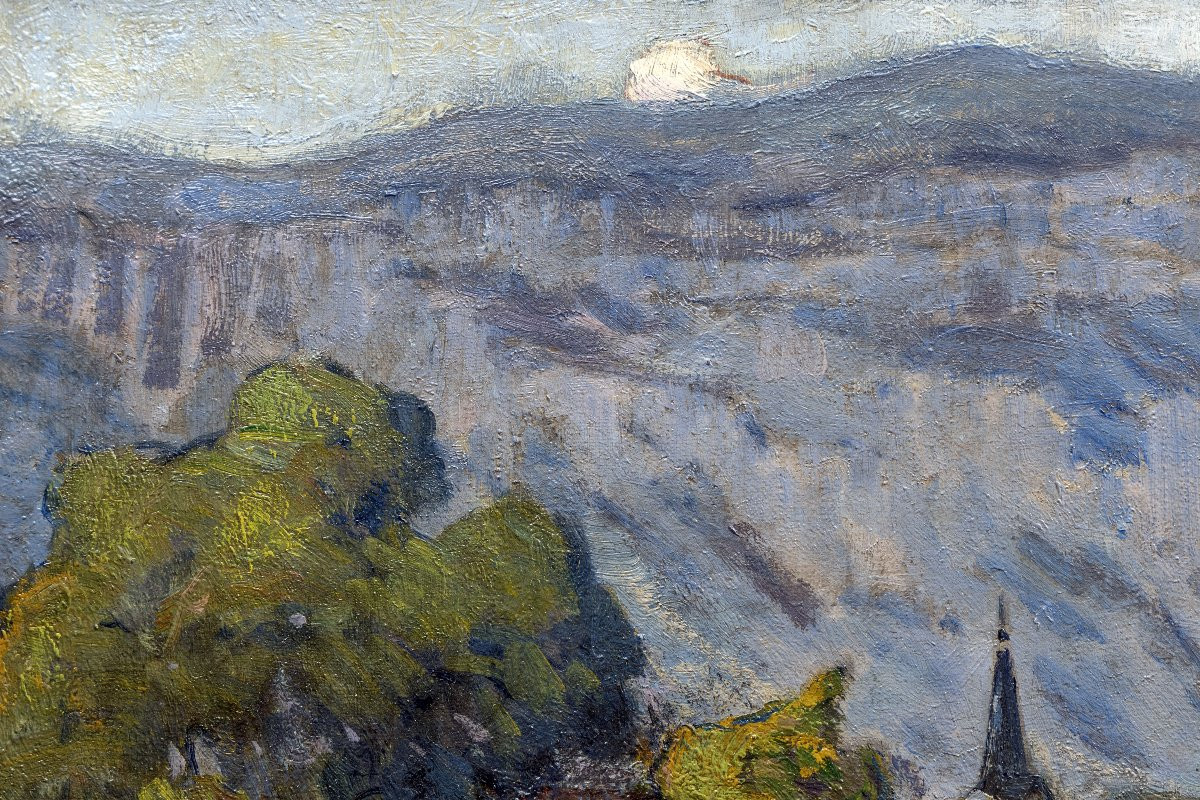 Clovis Terraire – Vaches au pré dans un paysage de montagne – Huile sur toile – Signée -photo-3
