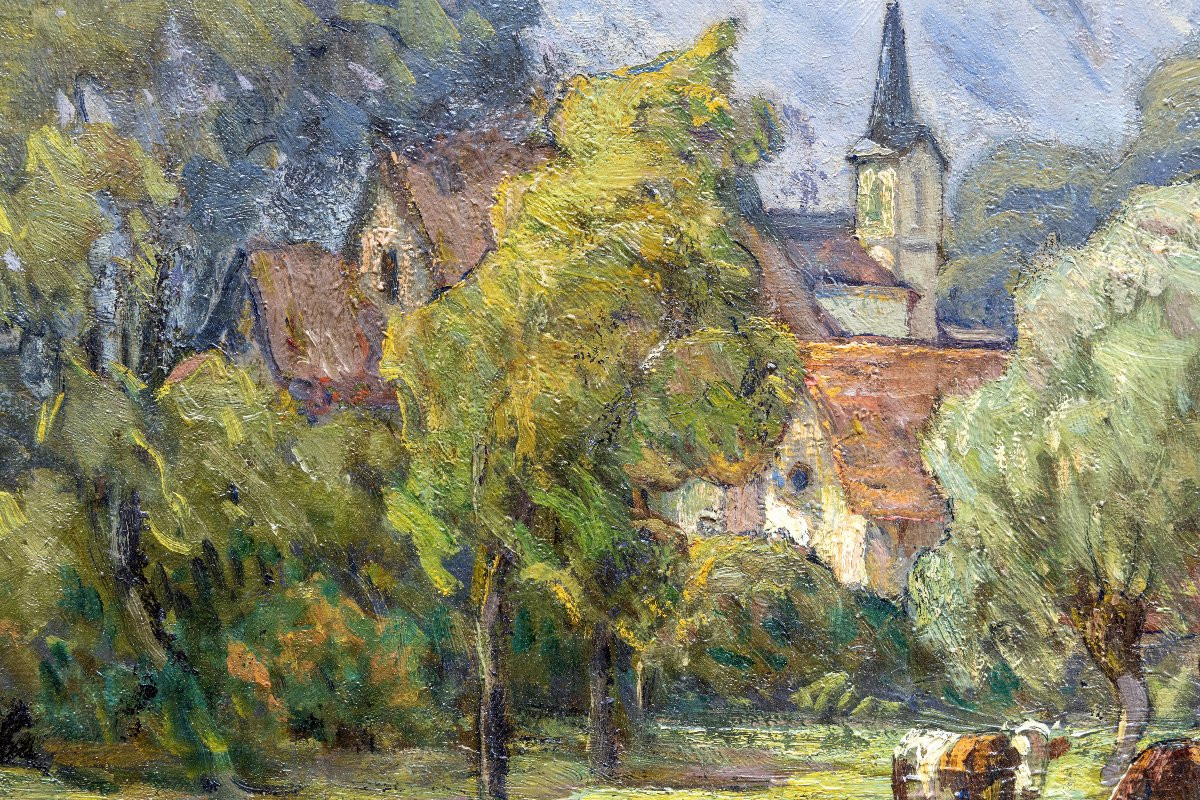 Clovis Terraire – Vaches au pré dans un paysage de montagne – Huile sur toile – Signée -photo-4