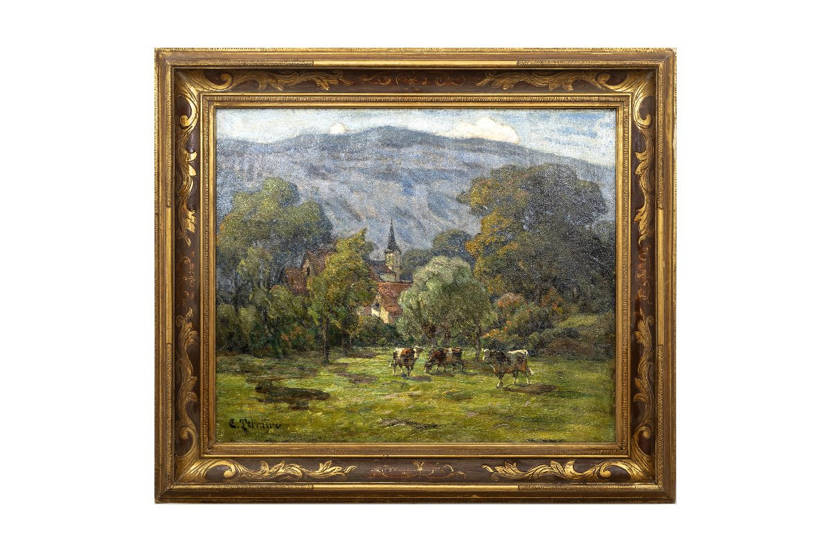 Clovis Terraire – Vaches au pré dans un paysage de montagne – Huile sur toile – Signée -photo-6