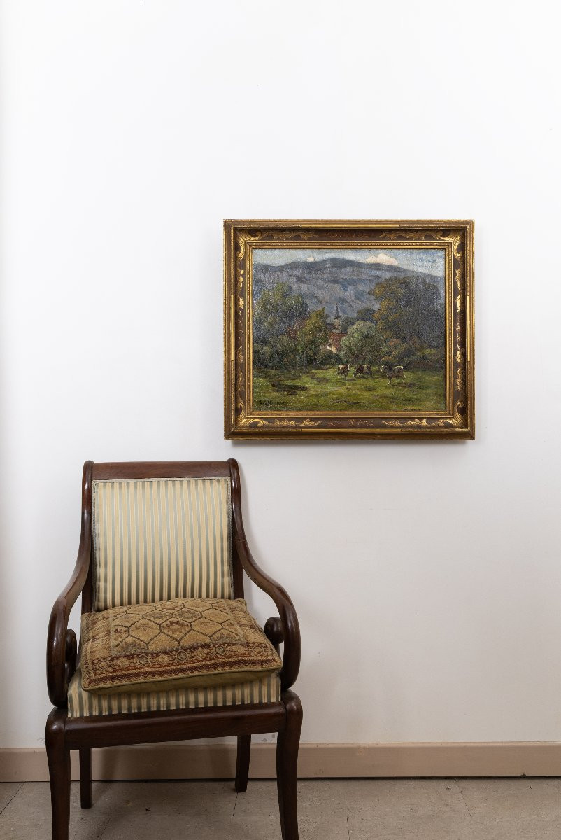 Clovis Terraire – Vaches au pré dans un paysage de montagne – Huile sur toile – Signée -photo-7