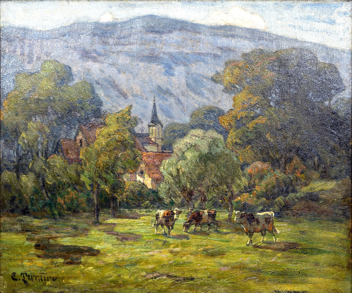 Clovis Terraire – Vaches au pré dans un paysage de montagne – Huile sur toile – Signée 