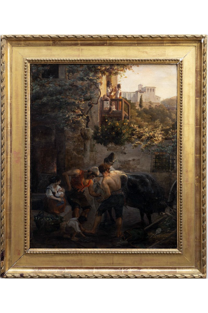 10-	Giuseppe Visone – Scène animée dans un village – Huile sur toile – Signée et datée 1836-photo-2