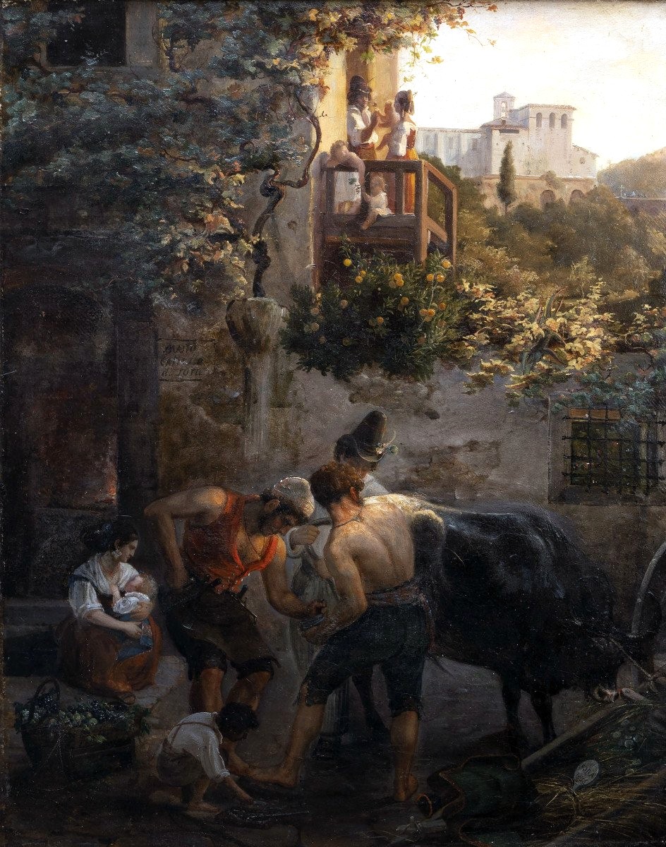10-	Giuseppe Visone – Scène animée dans un village – Huile sur toile – Signée et datée 1836