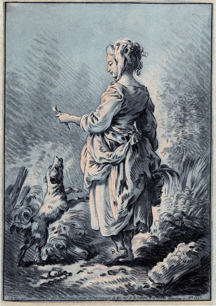 Gilles Demarteau – Jb Huet – The Young Woman And Her Dog – 18th Century Engraving