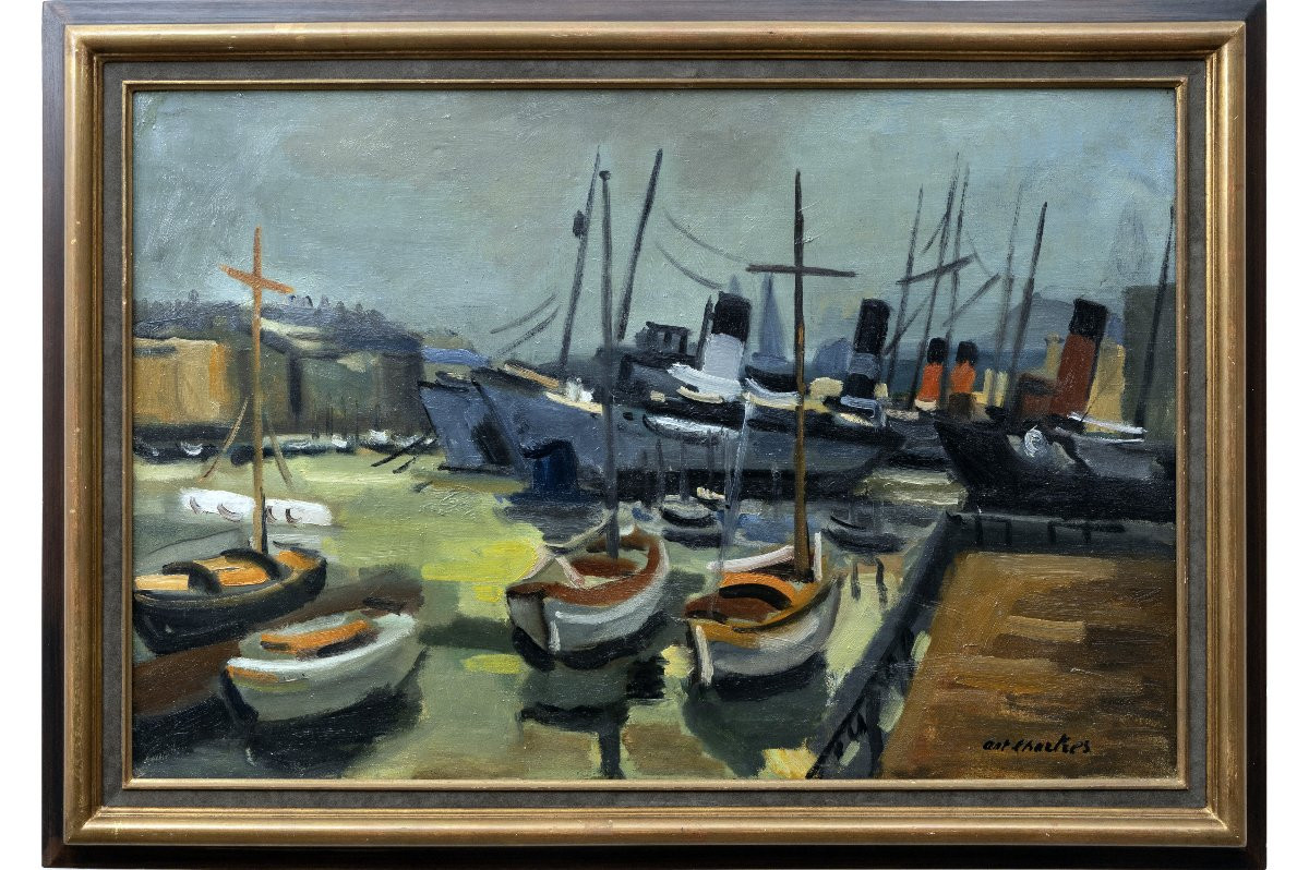 Antoine Chartres – Bateaux à quai – Huile sur toile -  XXe - Signée-photo-2