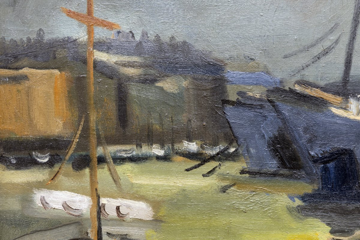 Antoine Chartres – Bateaux à quai – Huile sur toile -  XXe - Signée-photo-2