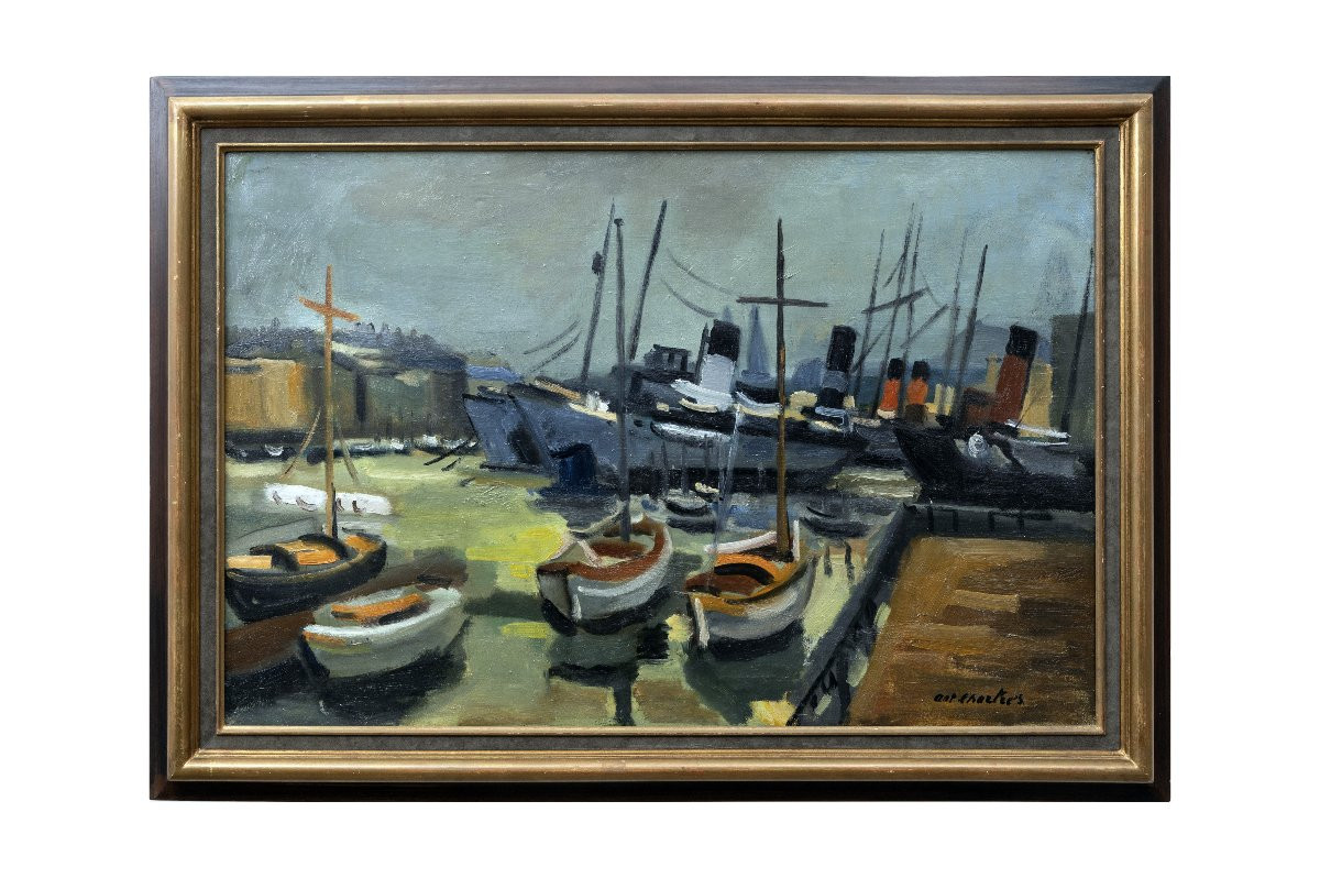 Antoine Chartres – Bateaux à quai – Huile sur toile -  XXe - Signée-photo-6