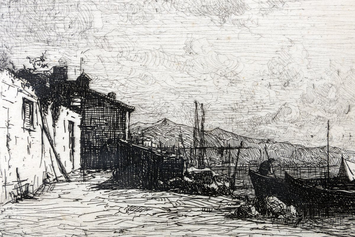 Adolphe Appian – Cabanes de pêcheurs sur les côtes d’Italie – Eau-Forte signée à la main -photo-1