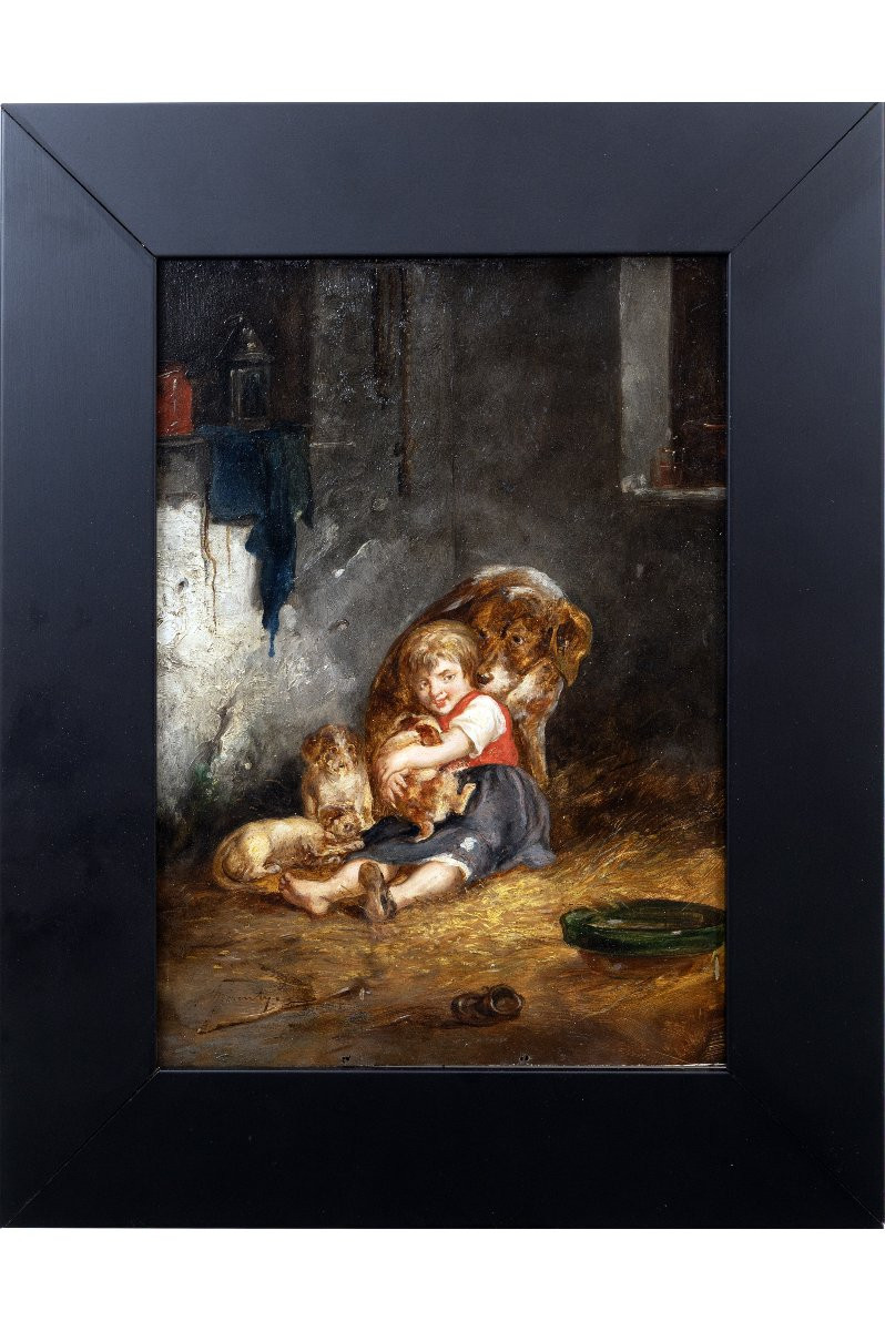 La petite fille et les chiens – Huile sur panneau -  Signée-photo-2