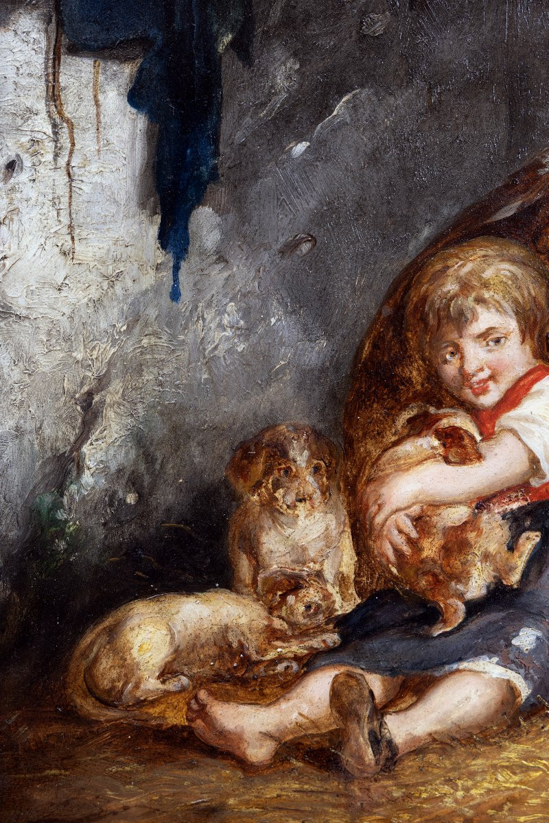 La petite fille et les chiens – Huile sur panneau -  Signée-photo-3
