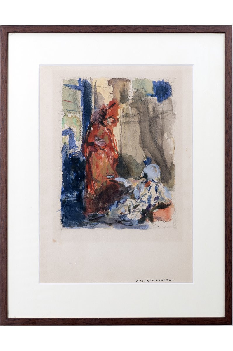 Auguste Leroux – Harlequin And Columbine – Watercolor – Circa 1920 – Signed -photo-2