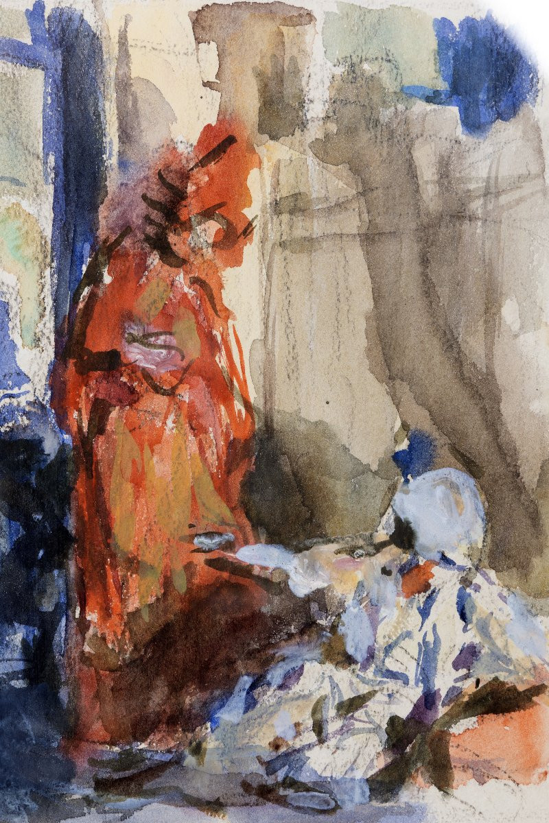 Auguste Leroux – Harlequin And Columbine – Watercolor – Circa 1920 – Signed -photo-1