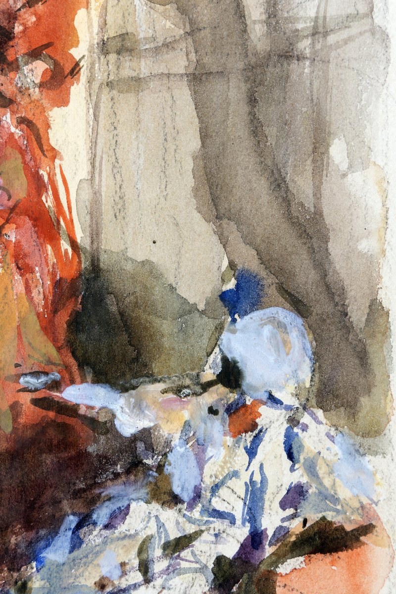 Auguste Leroux – Harlequin And Columbine – Watercolor – Circa 1920 – Signed -photo-2