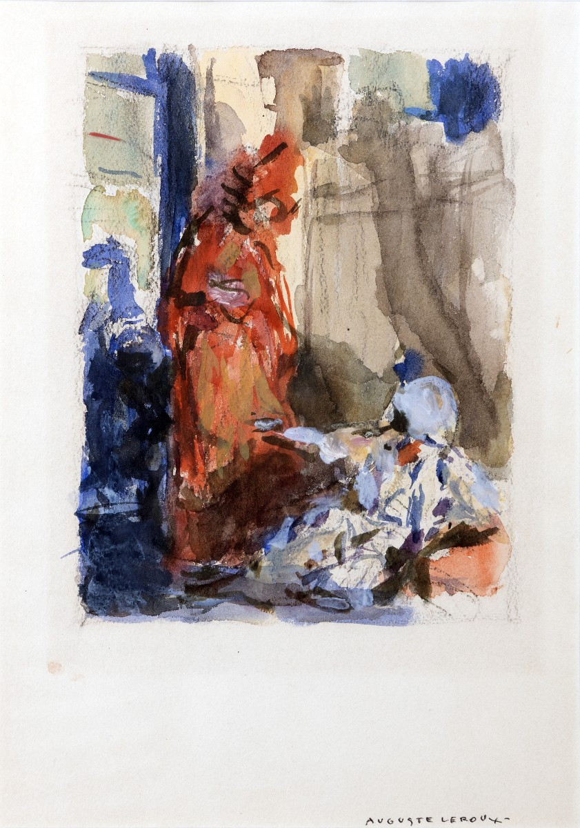 Auguste Leroux – Harlequin And Columbine – Watercolor – Circa 1920 – Signed 