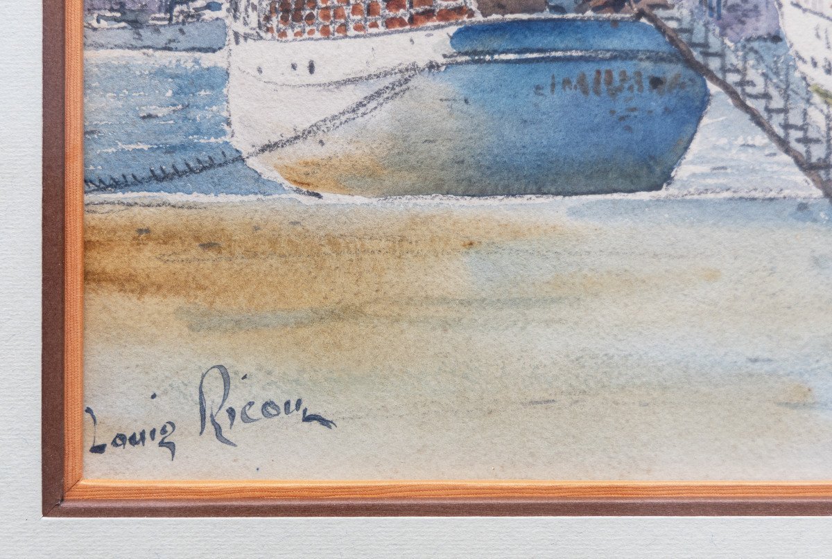 Lively Harbor Scenes – Pair Of Watercolors – Signed – 20th Century-photo-4