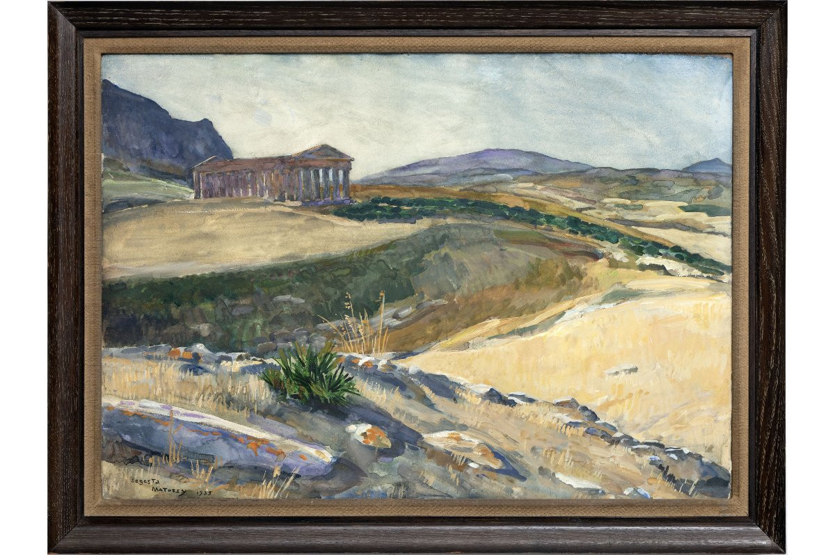 Pierre Matossy – The Temple Of Segesta In Sicily – Watercolor And Gouache – Signed And Dated 1935-photo-2