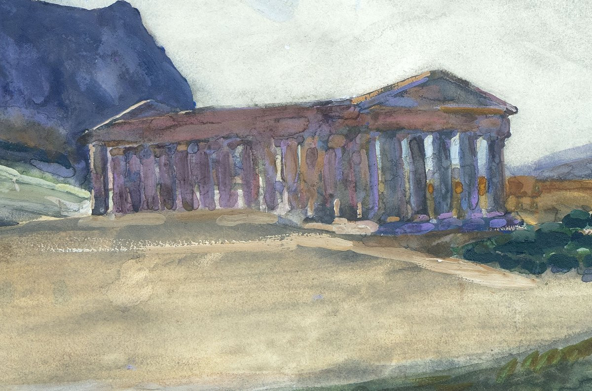 Pierre Matossy – The Temple Of Segesta In Sicily – Watercolor And Gouache – Signed And Dated 1935-photo-1