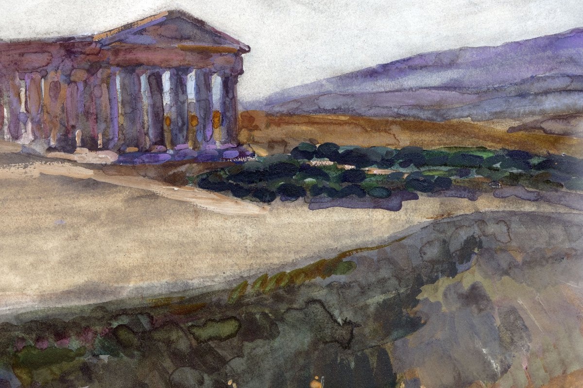 Pierre Matossy – The Temple Of Segesta In Sicily – Watercolor And Gouache – Signed And Dated 1935-photo-3
