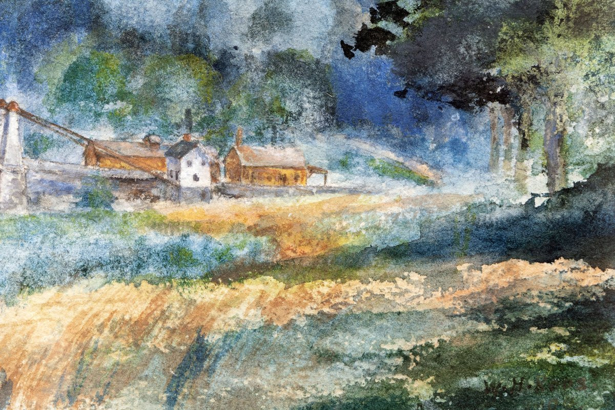 Paysage de Nouvelle-Angleterre, Etats-Unis - Aquarelle - Signée et datée 1904-photo-3