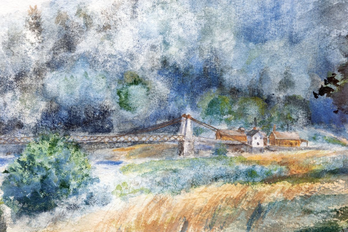 Paysage de Nouvelle-Angleterre, Etats-Unis - Aquarelle - Signée et datée 1904-photo-1