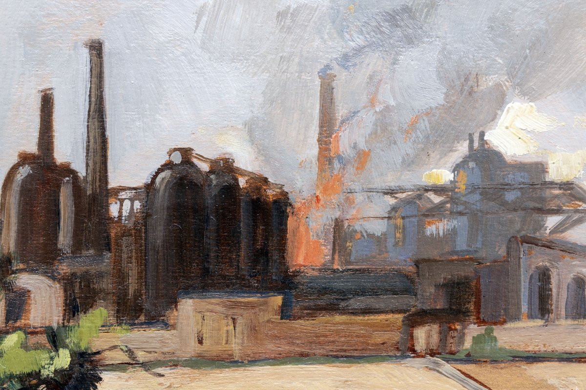 Industrial Landscape By The Water - Oil On Paper - Early 20th Century - Signed-photo-1