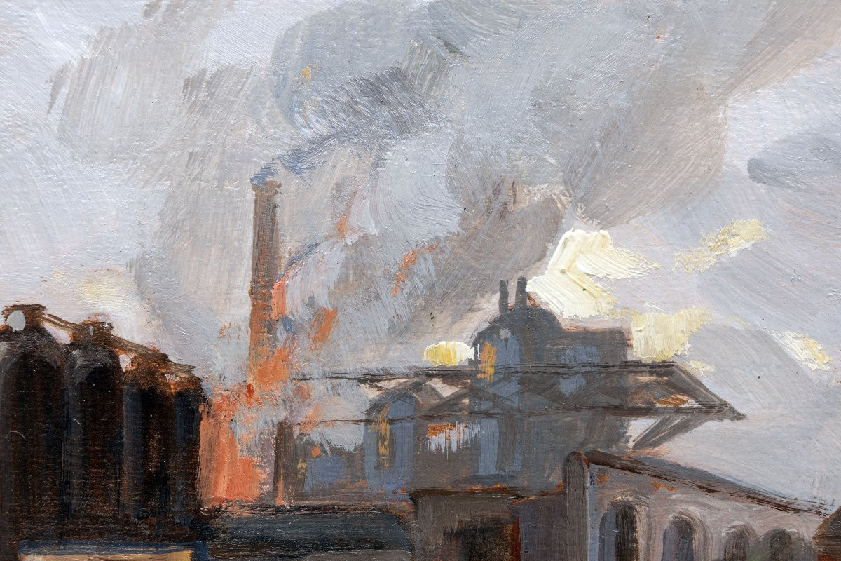 Industrial Landscape By The Water - Oil On Paper - Early 20th Century - Signed-photo-3