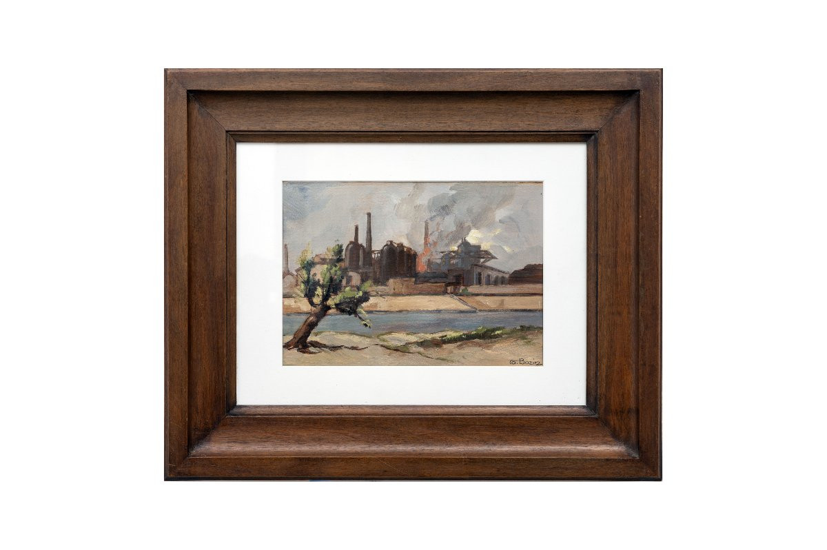 Industrial Landscape By The Water - Oil On Paper - Early 20th Century - Signed-photo-5