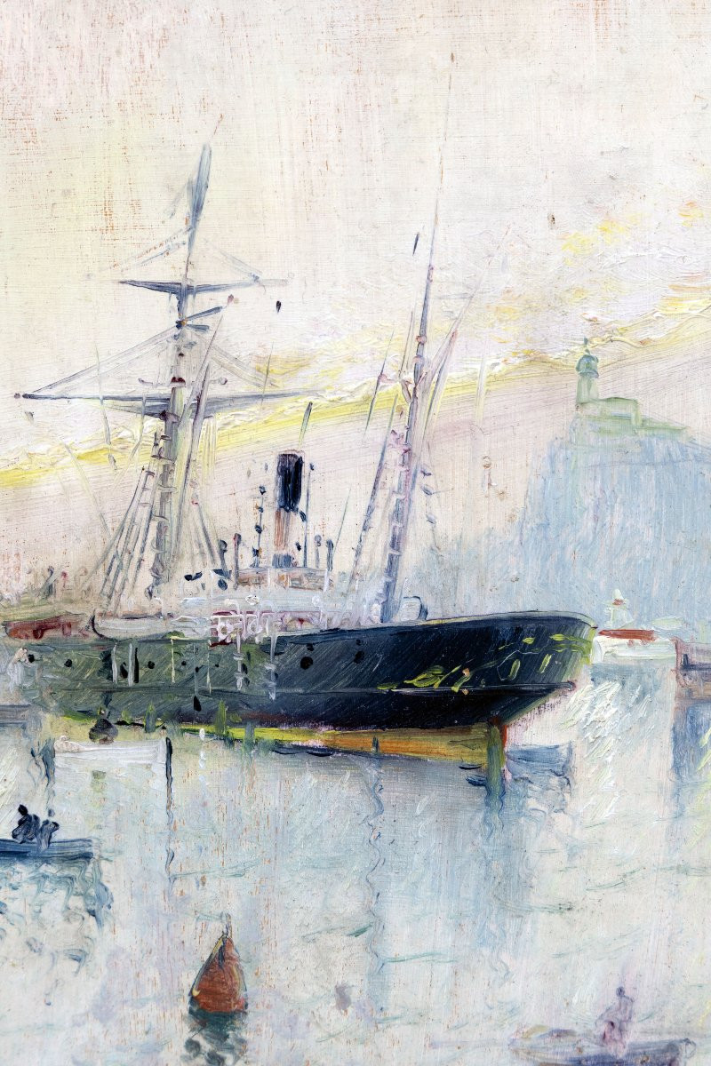 Francisque BLANC - Marine au port - Huile sur panneau - Signée-photo-1