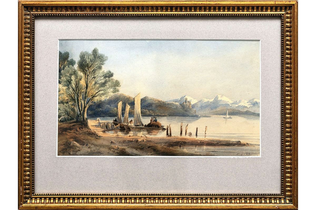 Adolphe D'HASTREL (1805-1874) - Paysage alpin avec barques et montagnes  - Aquarelle - Signée-photo-2