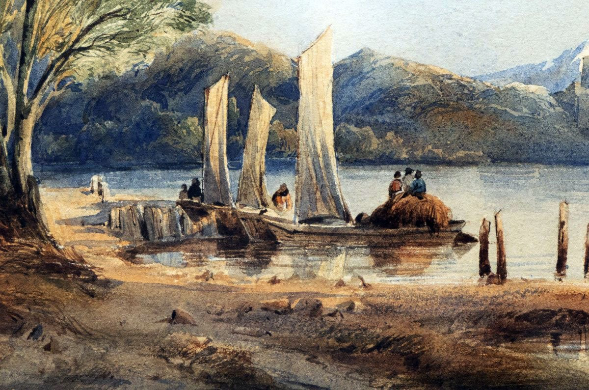 Adolphe D'HASTREL (1805-1874) - Paysage alpin avec barques et montagnes  - Aquarelle - Signée-photo-1