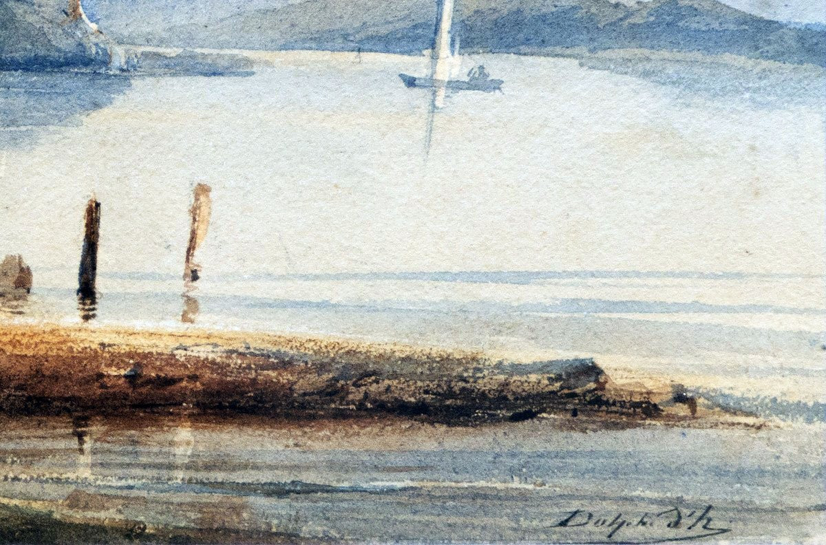 Adolphe D'HASTREL (1805-1874) - Paysage alpin avec barques et montagnes  - Aquarelle - Signée-photo-2