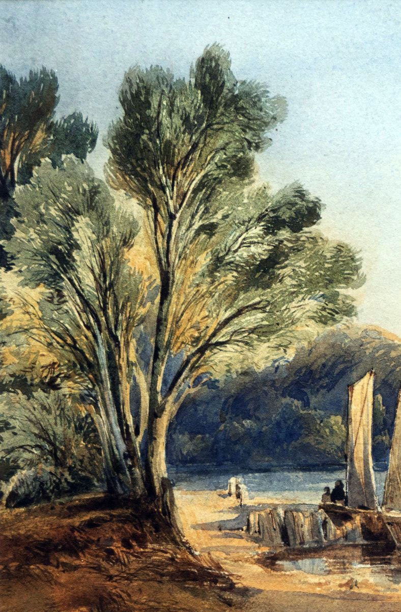 Adolphe D'HASTREL (1805-1874) - Paysage alpin avec barques et montagnes  - Aquarelle - Signée-photo-3