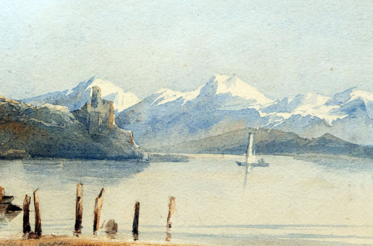 Adolphe D'HASTREL (1805-1874) - Paysage alpin avec barques et montagnes  - Aquarelle - Signée-photo-4