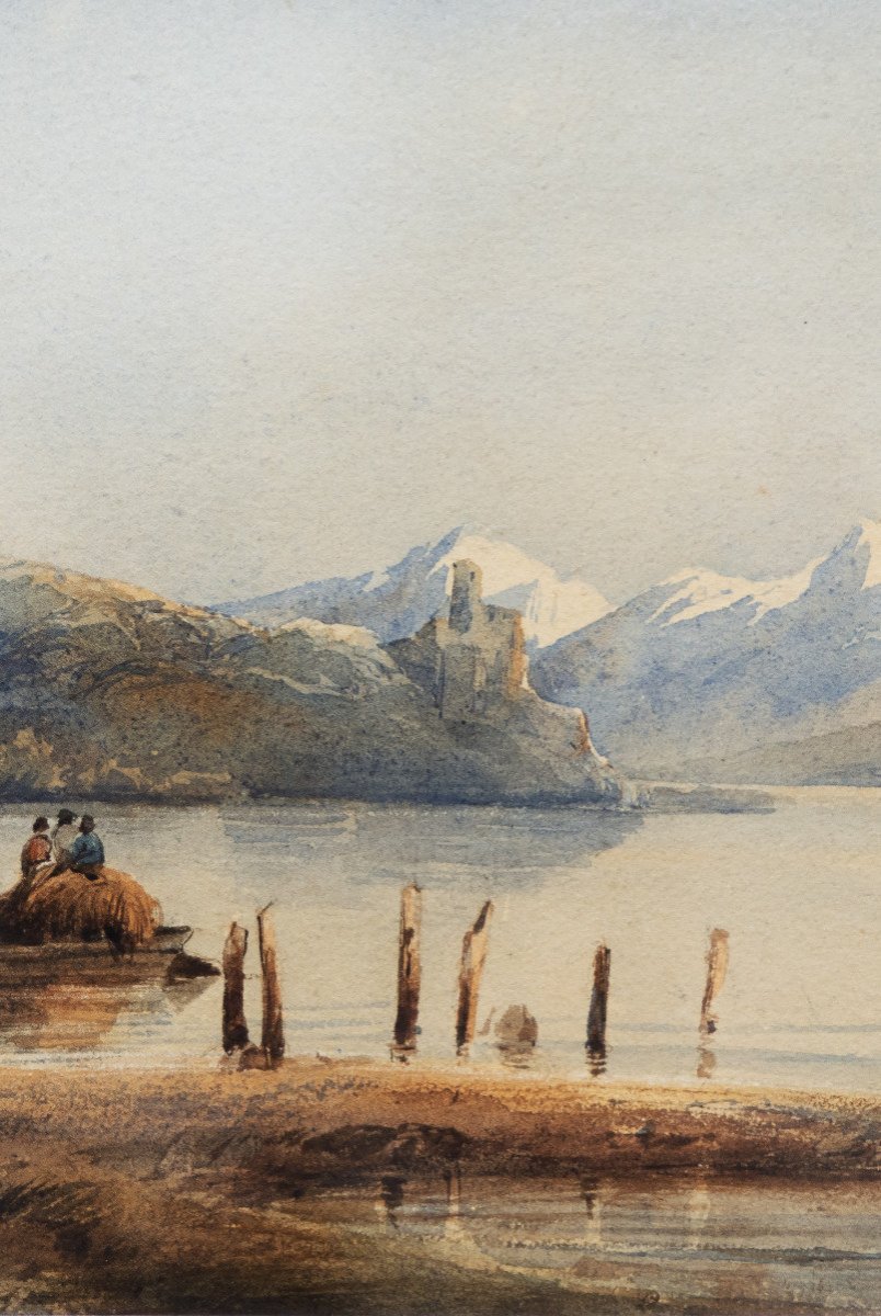 Adolphe D'HASTREL (1805-1874) - Paysage alpin avec barques et montagnes  - Aquarelle - Signée-photo-5