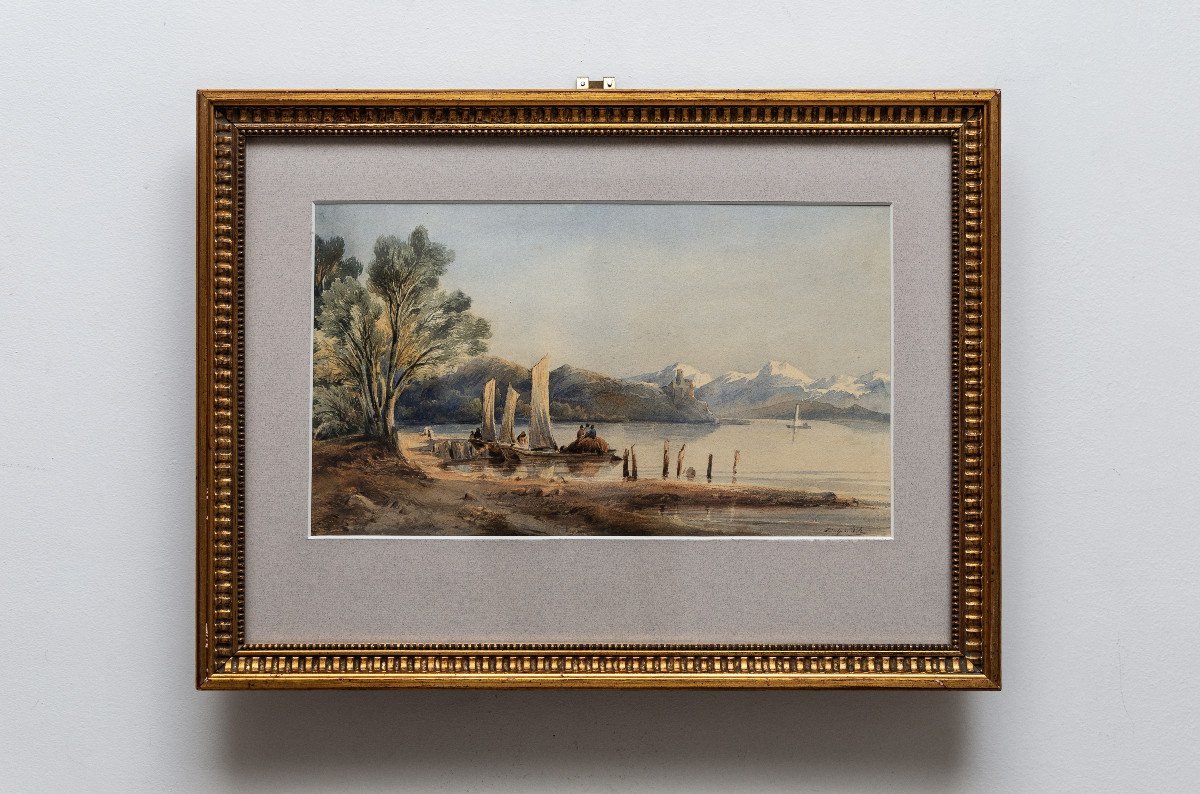 Adolphe D'HASTREL (1805-1874) - Paysage alpin avec barques et montagnes  - Aquarelle - Signée-photo-6