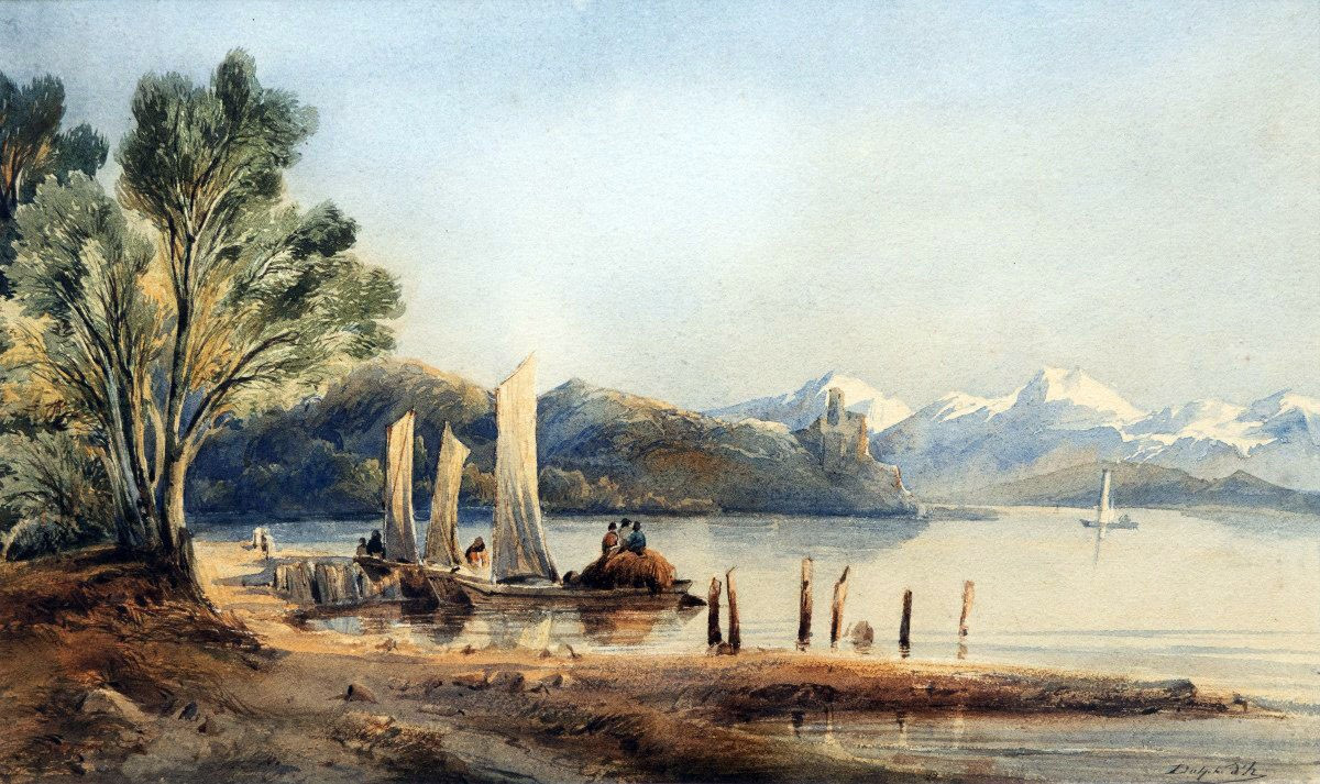 Adolphe D'HASTREL (1805-1874) - Paysage alpin avec barques et montagnes  - Aquarelle - Signée