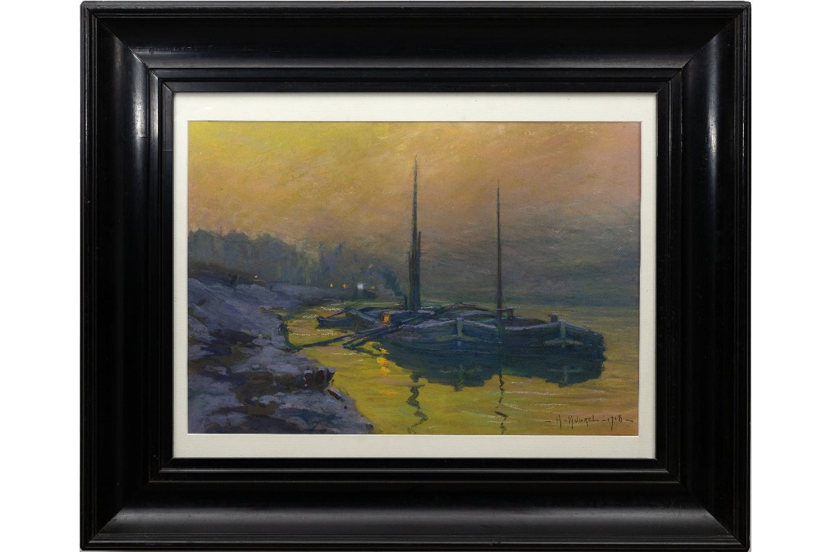 Claude Honoré Hugrel – The Barges (winter Evening) – Tempera And Pastel – Signed And Dated 1918-photo-2