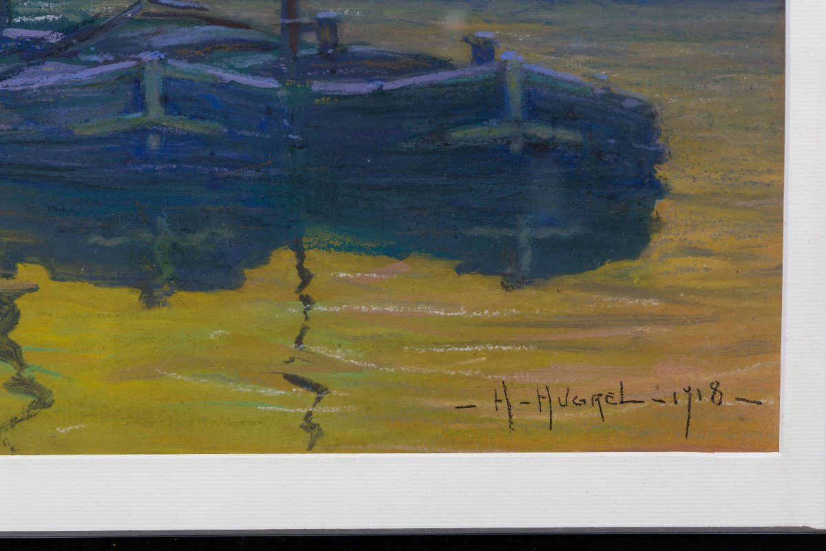 Claude Honoré Hugrel – The Barges (winter Evening) – Tempera And Pastel – Signed And Dated 1918-photo-3