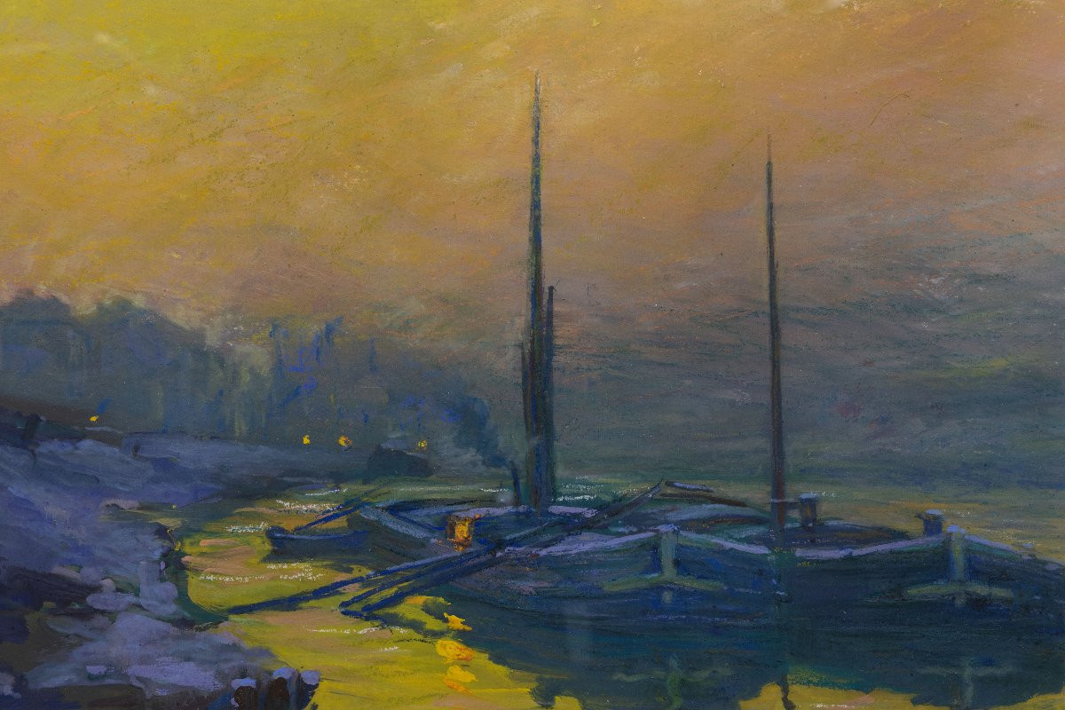Claude Honoré Hugrel – The Barges (winter Evening) – Tempera And Pastel – Signed And Dated 1918-photo-2