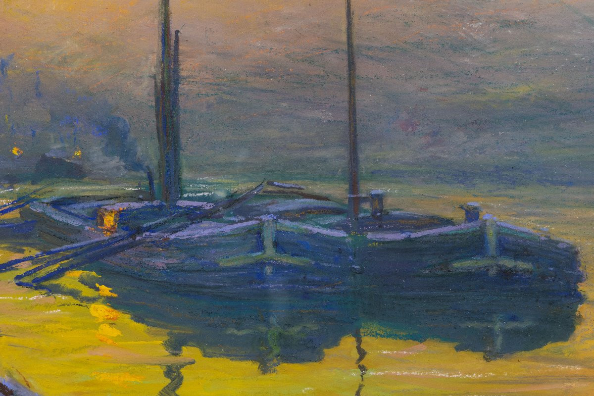 Claude Honoré Hugrel – The Barges (winter Evening) – Tempera And Pastel – Signed And Dated 1918-photo-3